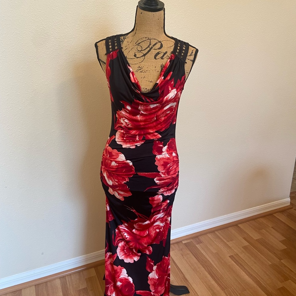 Elegant, black and red floral ruched maxi dress